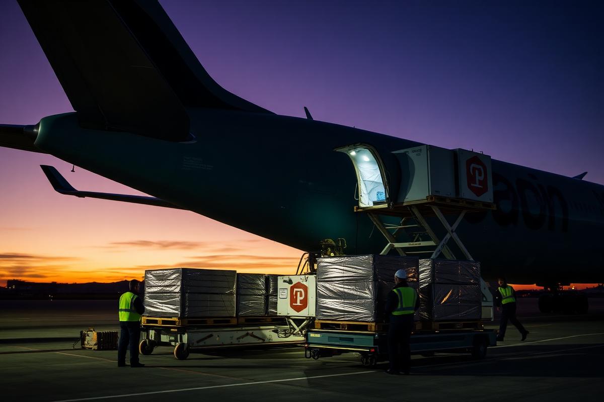 Avión de carga en pista cargando pallets