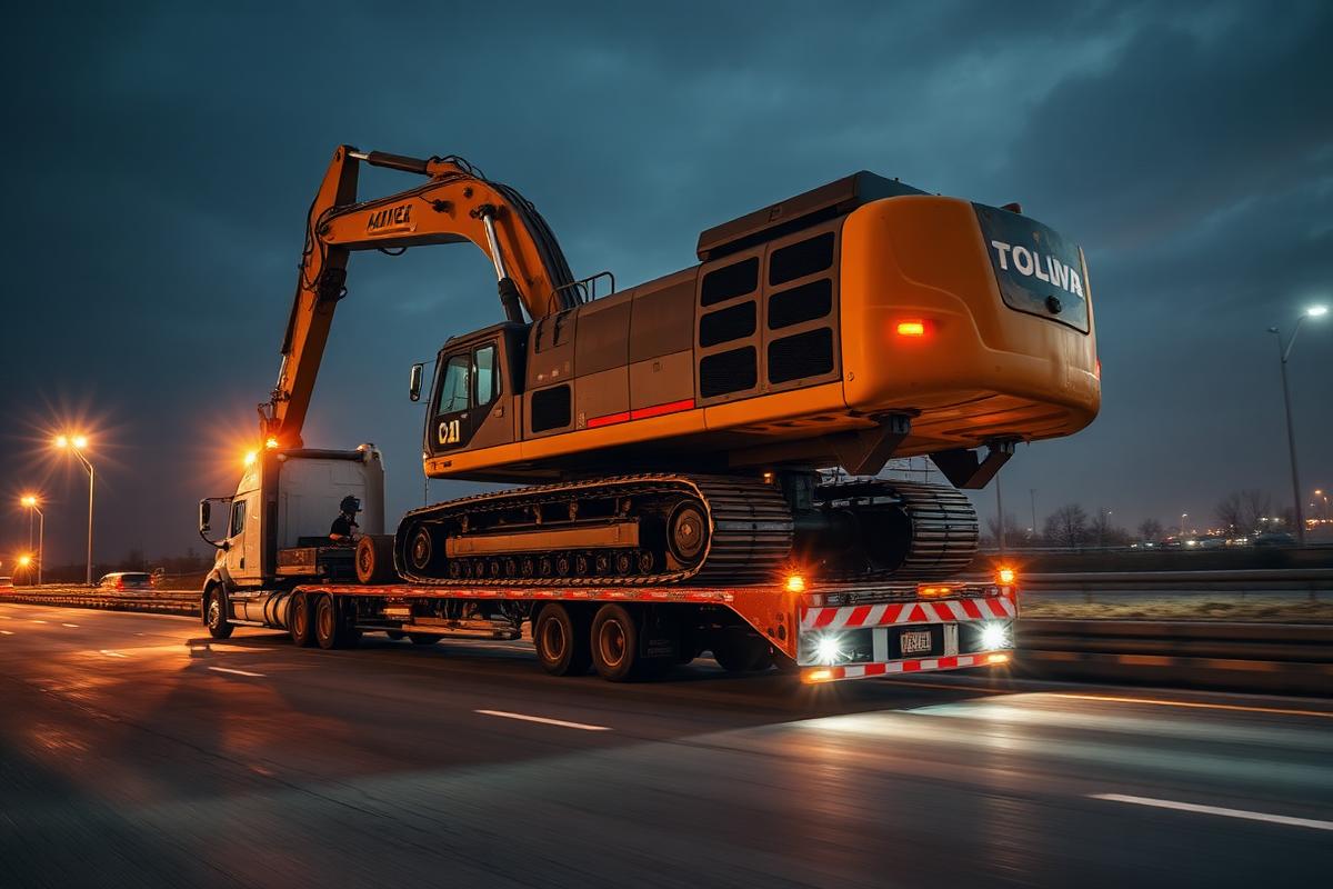 Maquinaria pesada transportada sobre una plataforma lowboy
