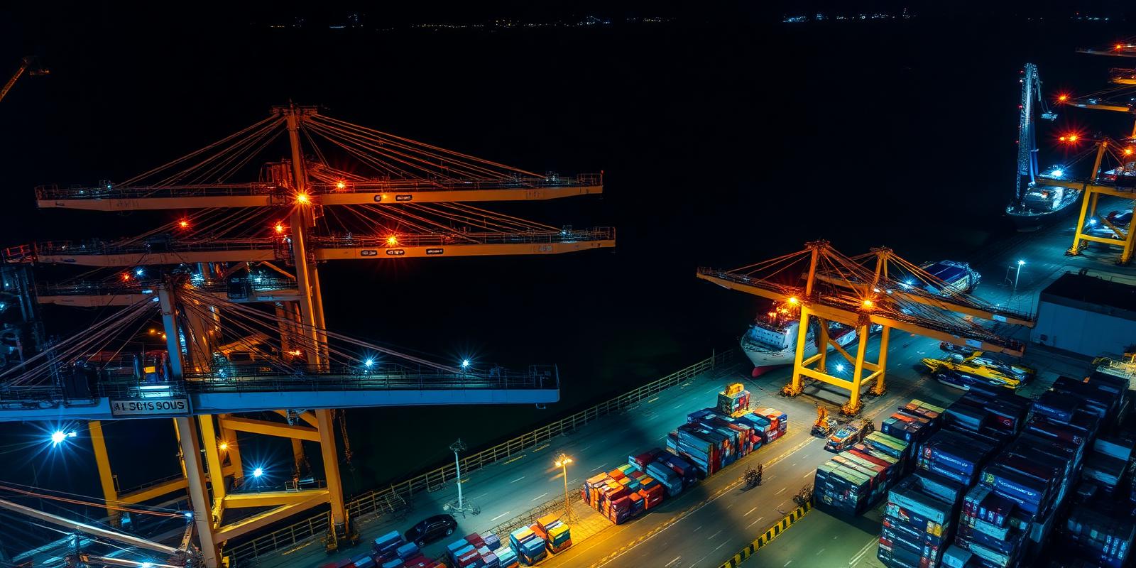 Vista nocturna de una terminal portuaria iluminada